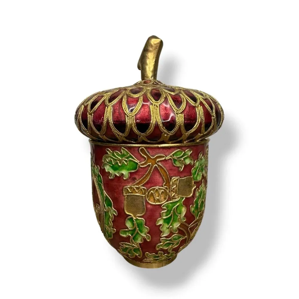 Vintage Cloisonné Enamel Acorn Trinket Box Decorated Jar Burgundy & Gold‎